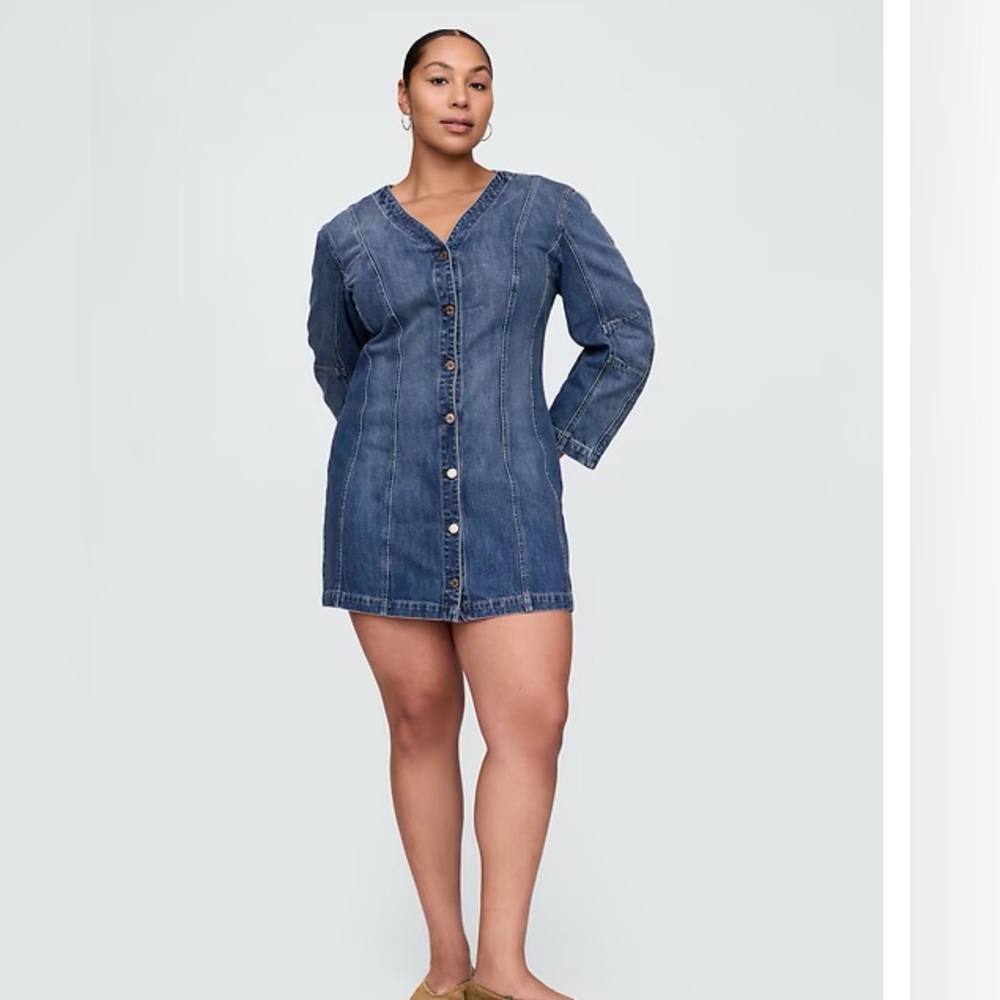 GAP Denim Button-Front Long Sleeve Mini Dress - Medium Blue